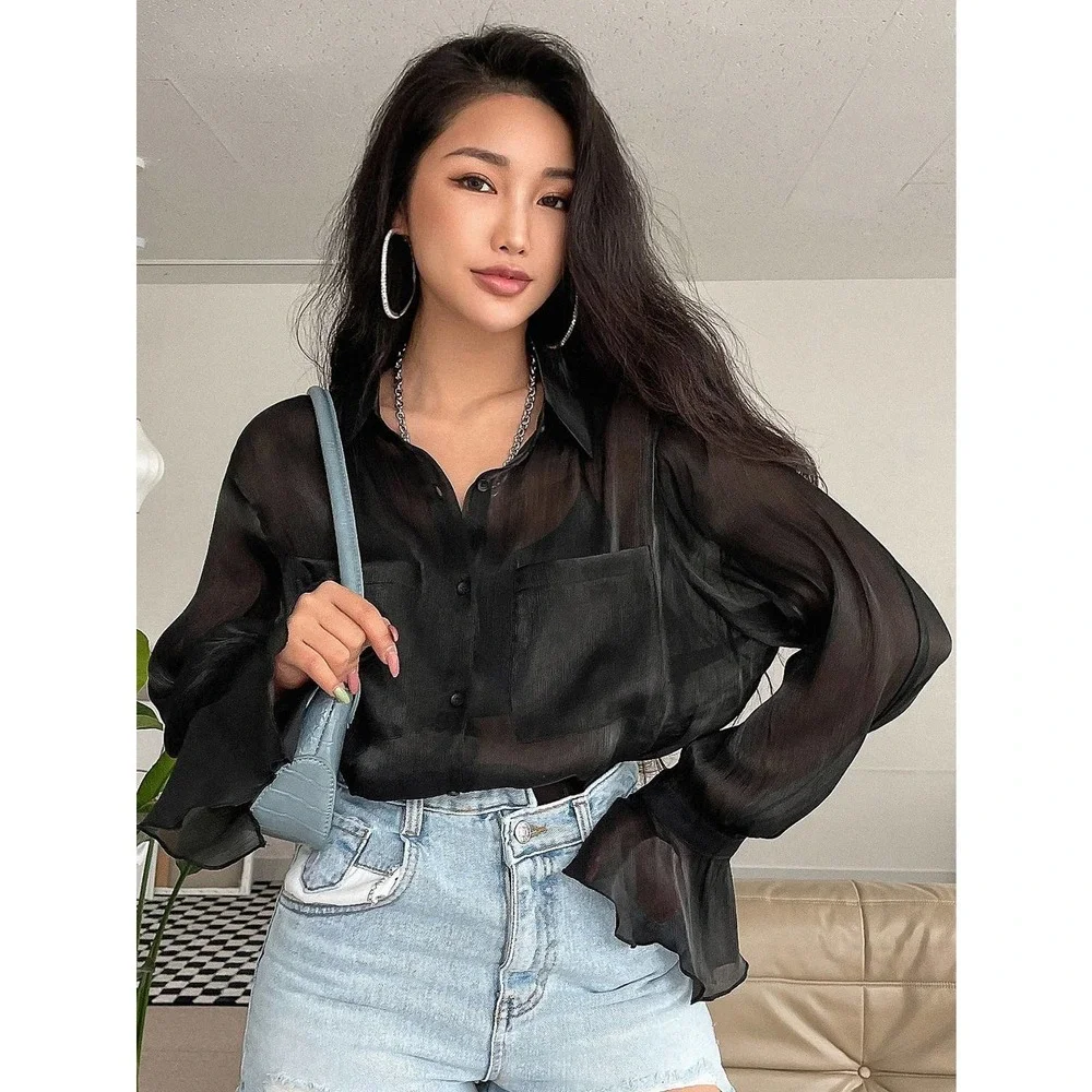 Dual Pocket Front Flounce sleeve button down Shirt white - Picture 2 of 8